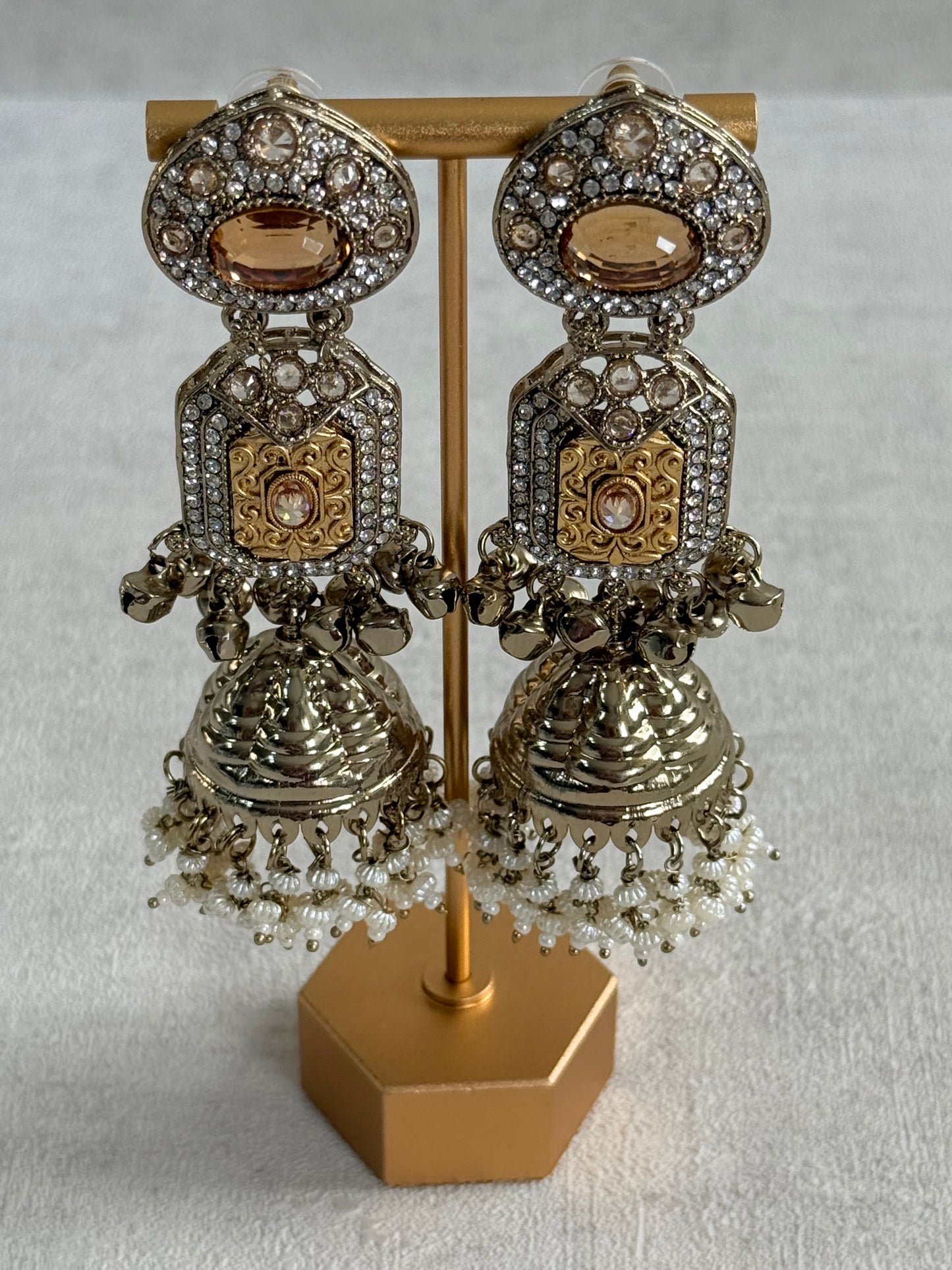 Ayura Designs Maara Jhumkis – Champagne Gold with Champagne Stones, Crystals, Ghungroos & Pearl Detailing