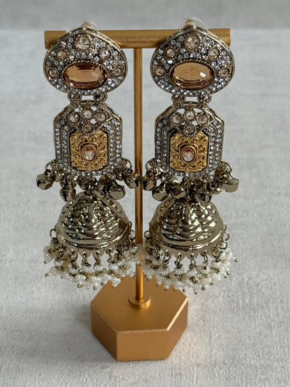 Ayura Designs Maara Jhumkis – Champagne Gold with Champagne Stones, Crystals, Ghungroos & Pearl Detailing