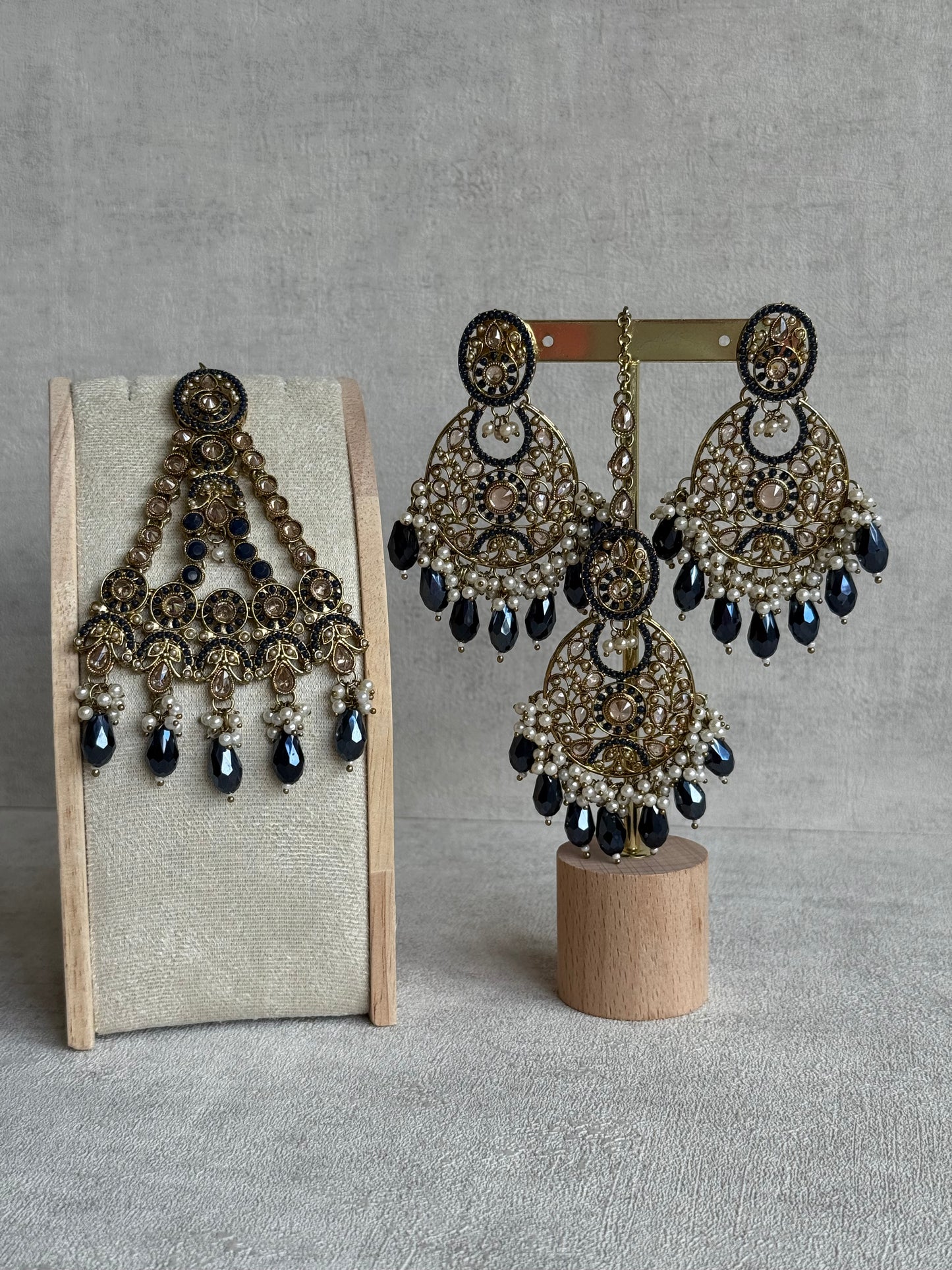 Ayura Designs Almas Tikka Set with Earrings, Tikka & Sahara – Midnight Blue Beads & Antique Gold Finish