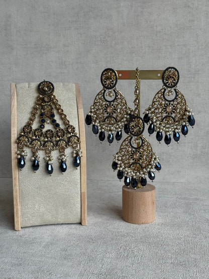 Ayura Designs Almas Tikka Set with Earrings, Tikka & Sahara – Midnight Blue Beads & Antique Gold Finish