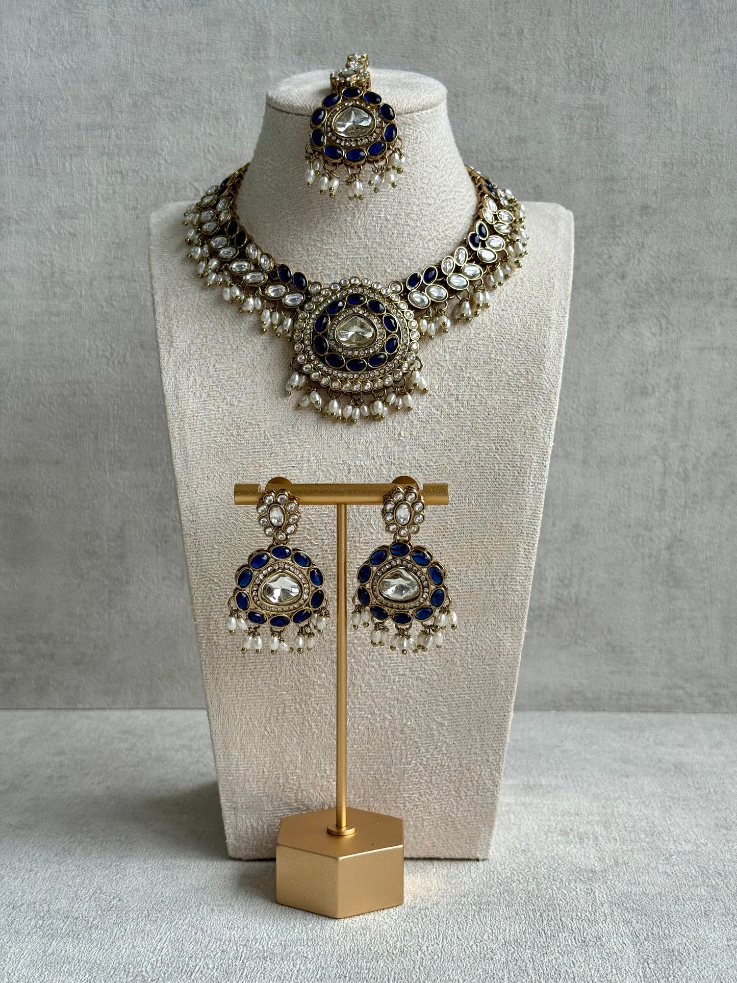 Ayura Designs Warda Set with Earrings & Tikka – Ink Blue Ovals, Mirror-Cut Stones & Ivory Pearls