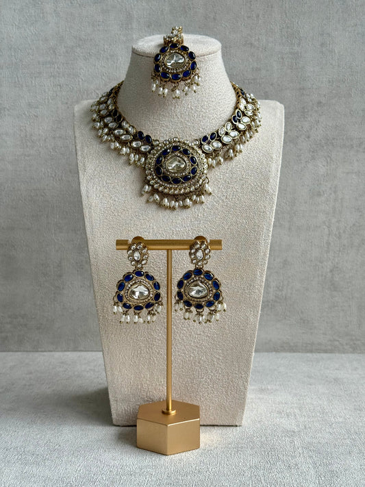 Ayura Designs Warda Set with Earrings & Tikka – Ink Blue Ovals, Mirror-Cut Stones & Ivory Pearls