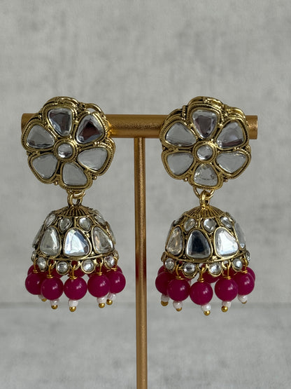 Ayura Designs Mishal Set with Jhumkis & Tikka – Fuchsia Beads & Mirror-Cut Stones