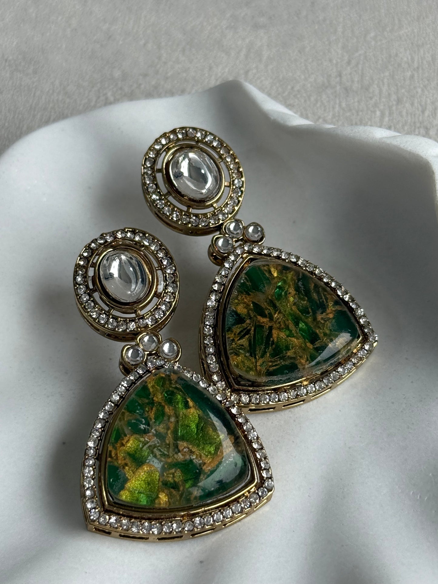 Ayura Designs Florence Earrings – mirror cut studs with Emerald Green Marble Resin & Crystal Borders