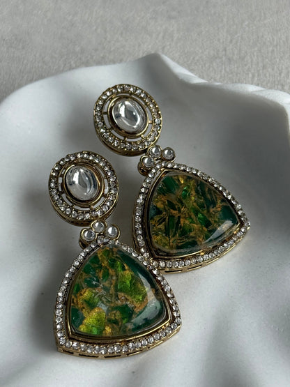Ayura Designs Florence Earrings – mirror cut studs with Emerald Green Marble Resin & Crystal Borders