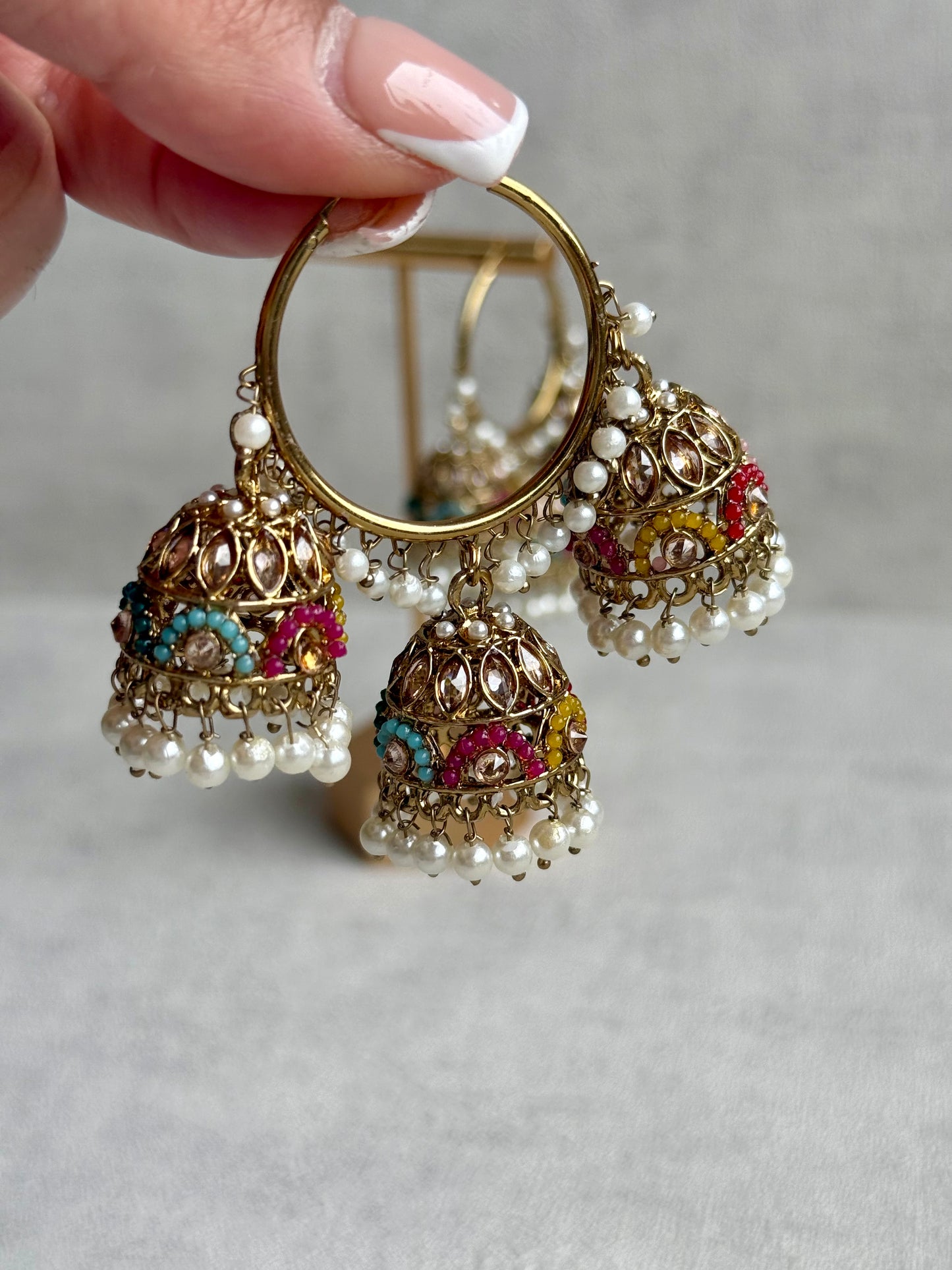 Ayura Designs Nakhra Balis – Multicolour Triple Dome Earrings with Mirror-Cut Stones & Pearl Detailing