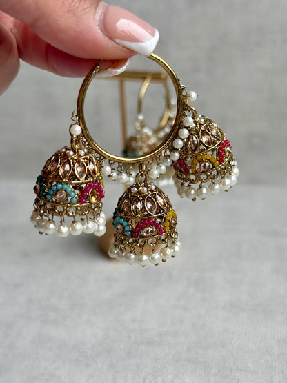 Ayura Designs Nakhra Balis – Multicolour Triple Dome Earrings with Mirror-Cut Stones & Pearl Detailing