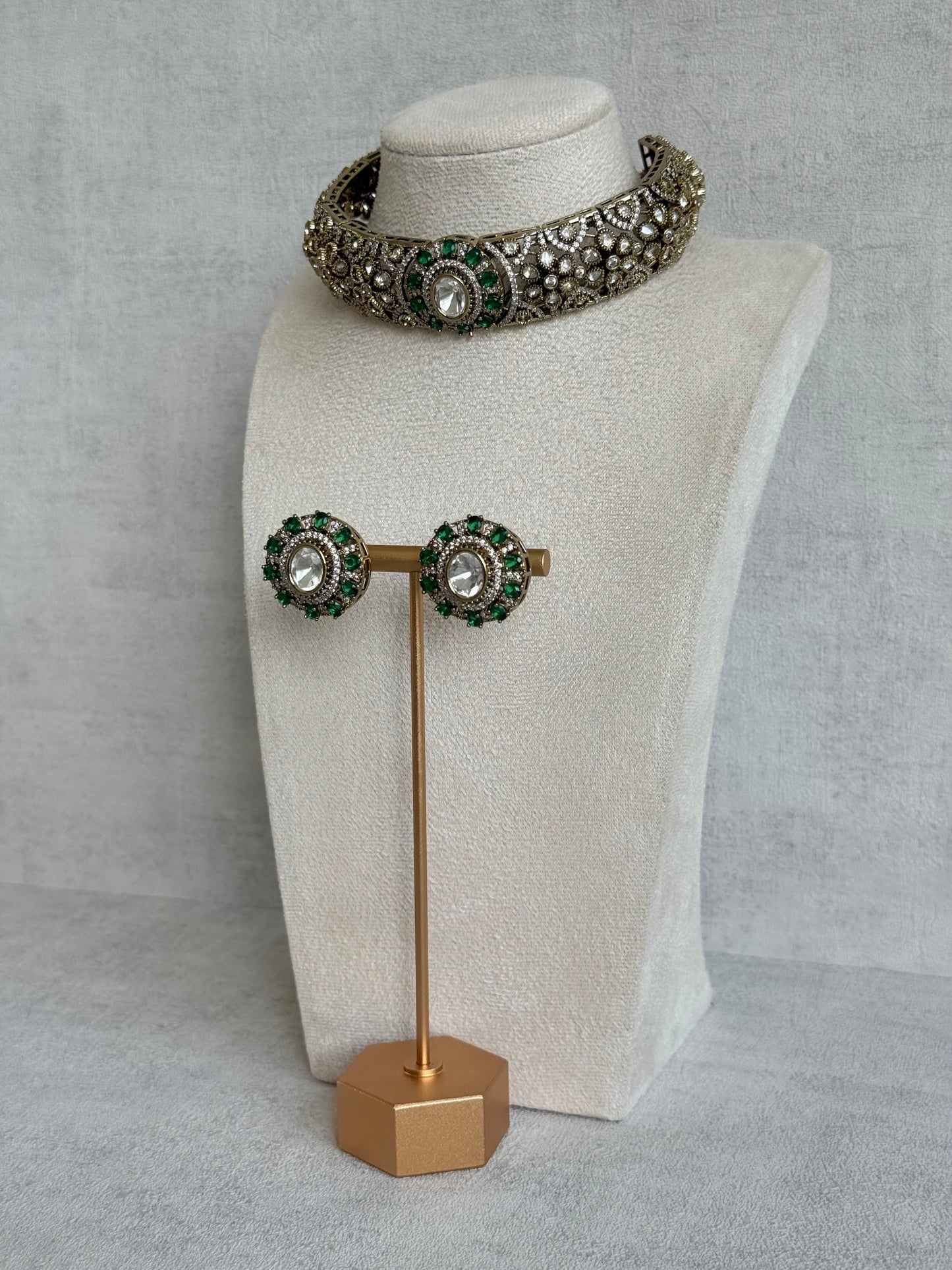 Ayura Designs Genevieve Choker Set with Studs – Emerald Green Crystal Kundan in Antique Gold