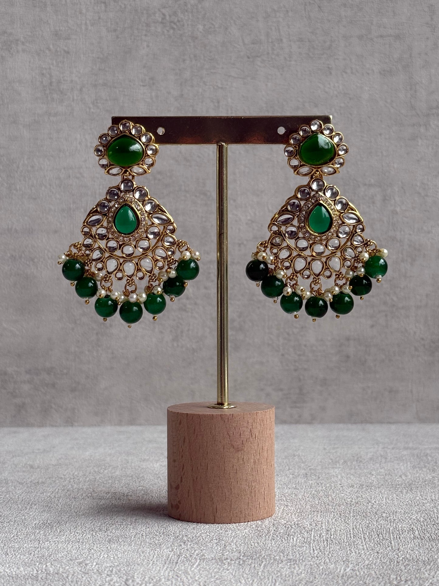 Ayura Designs Javeria Set with Earrings & Tikka – Emerald Green Stones, Mirror Kundan & Gold Finish