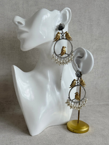 Ayura Designs Wasl Earrings – Dual Tone Oxidised Bird Hoop Earrings with Pearl Clusters
