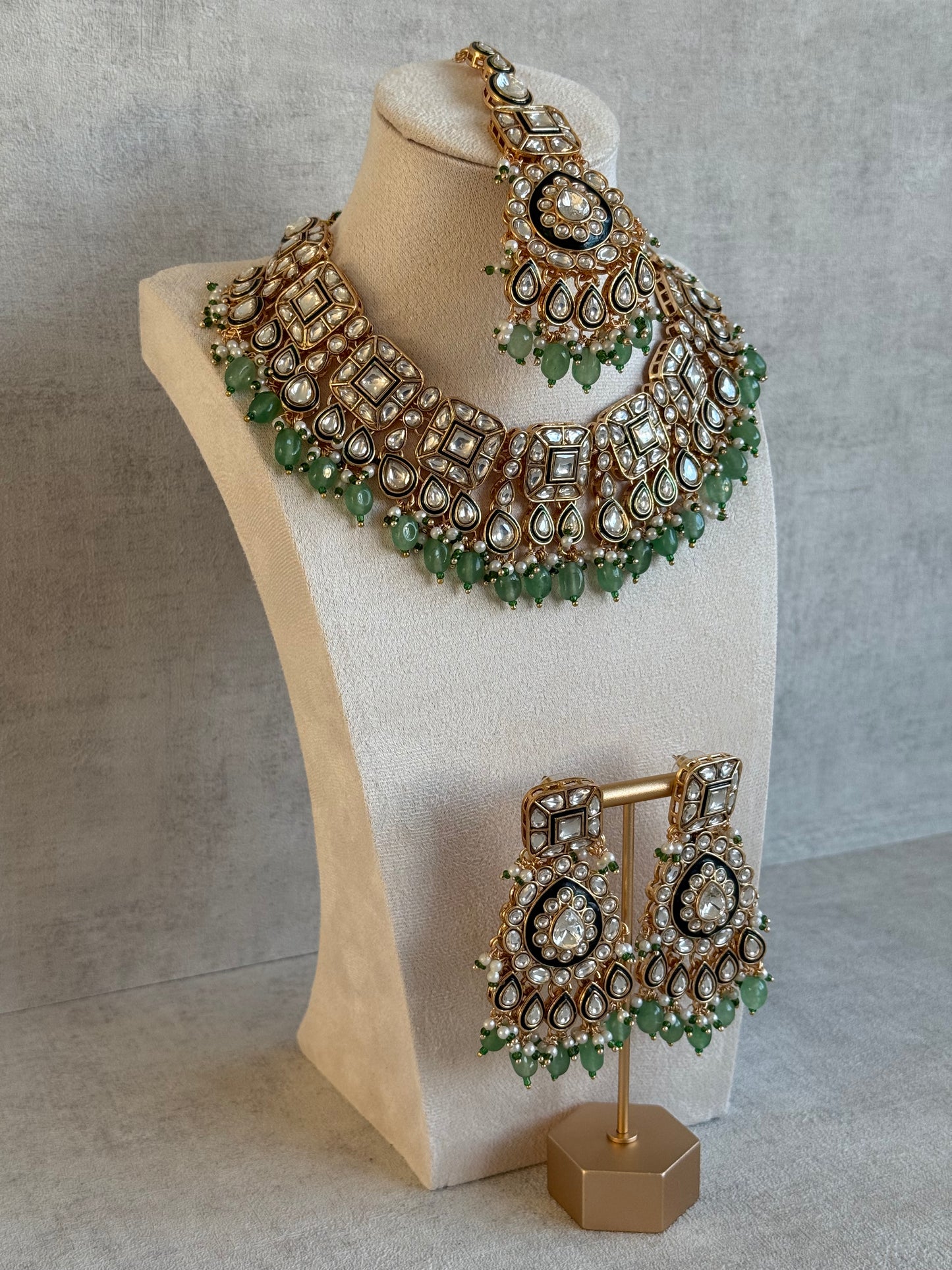Ayura Designs Ishrat Set with Necklace, Earrings & Tikka – Kundan Detailing, Pearl Drops & Sage Green Beads
