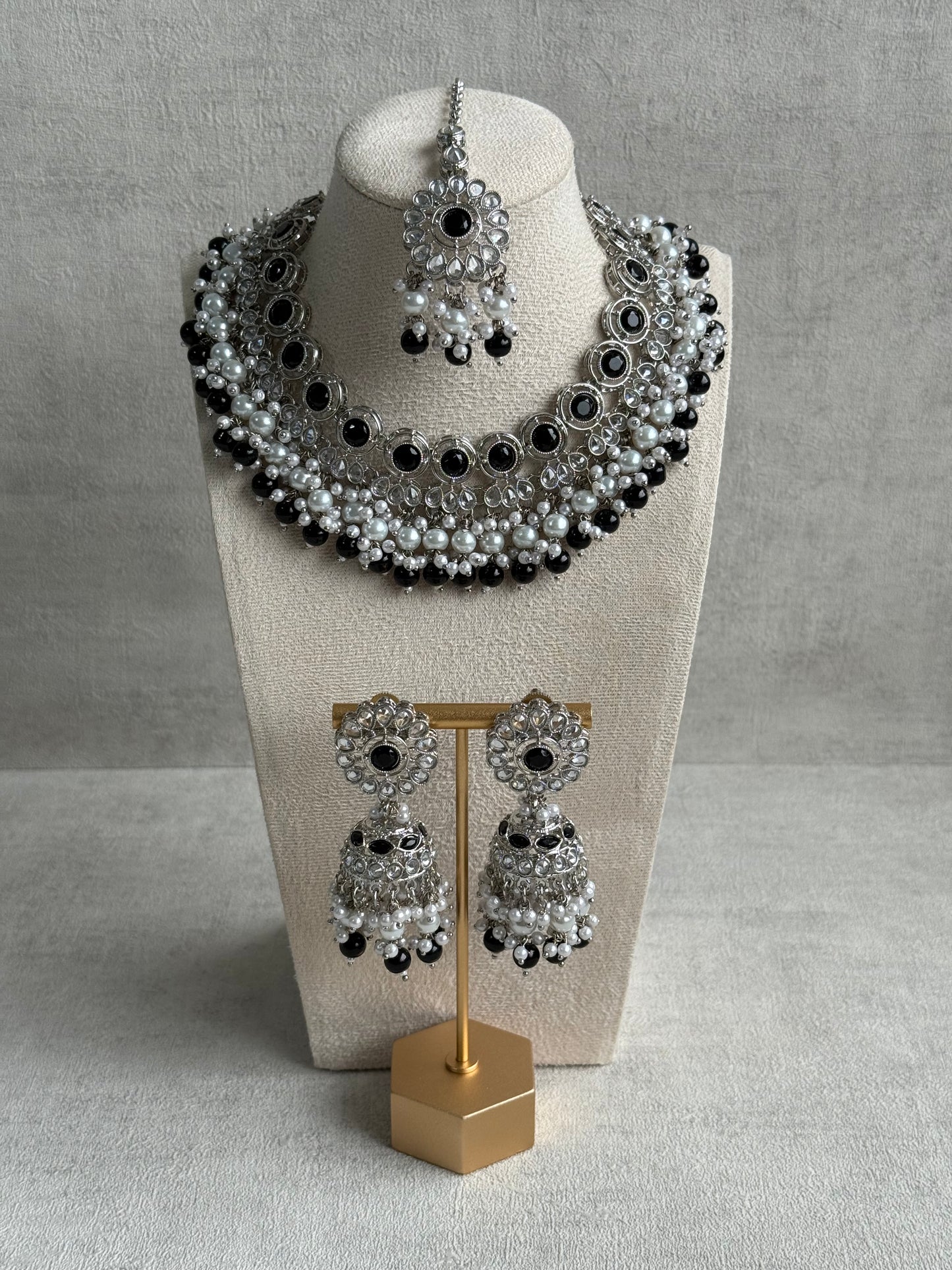 Ayura Designs Barira Set – Necklace, Jhumkis & Tikka with Black Stones, Pearls & Antique Silver Finish