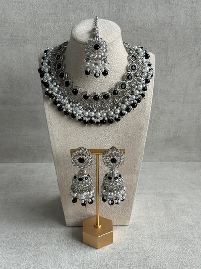 Ayura Designs Barira Set – Necklace, Jhumkis & Tikka with Black Stones, Pearls & Antique Silver Finish