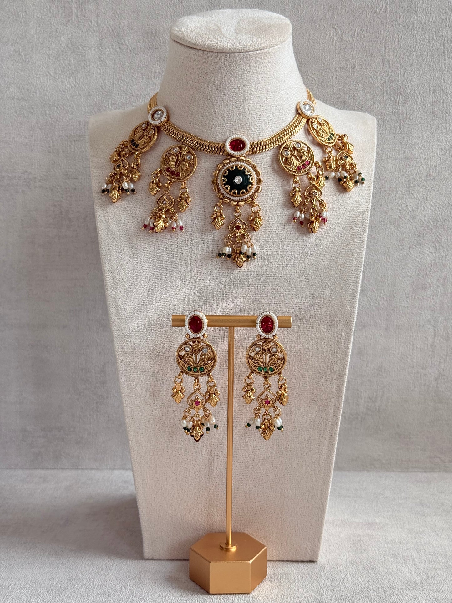 Ayura Designs Parchhai Necklace Set with Earrings – Ruby Red, Rose Pink & Emerald Green Stones, Bird Motifs & Pearl Detailing