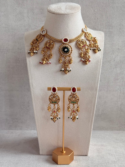 Ayura Designs Parchhai Necklace Set with Earrings – Ruby Red, Rose Pink & Emerald Green Stones, Bird Motifs & Pearl Detailing