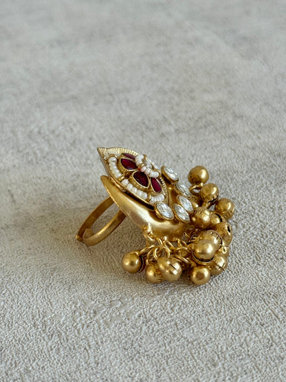 Ayura Designs Sochi Ring – Adjustable Antique Gold Ring with Hot Pink Meenakari, Mirror-Cut Stones & Ghungroo Detailing