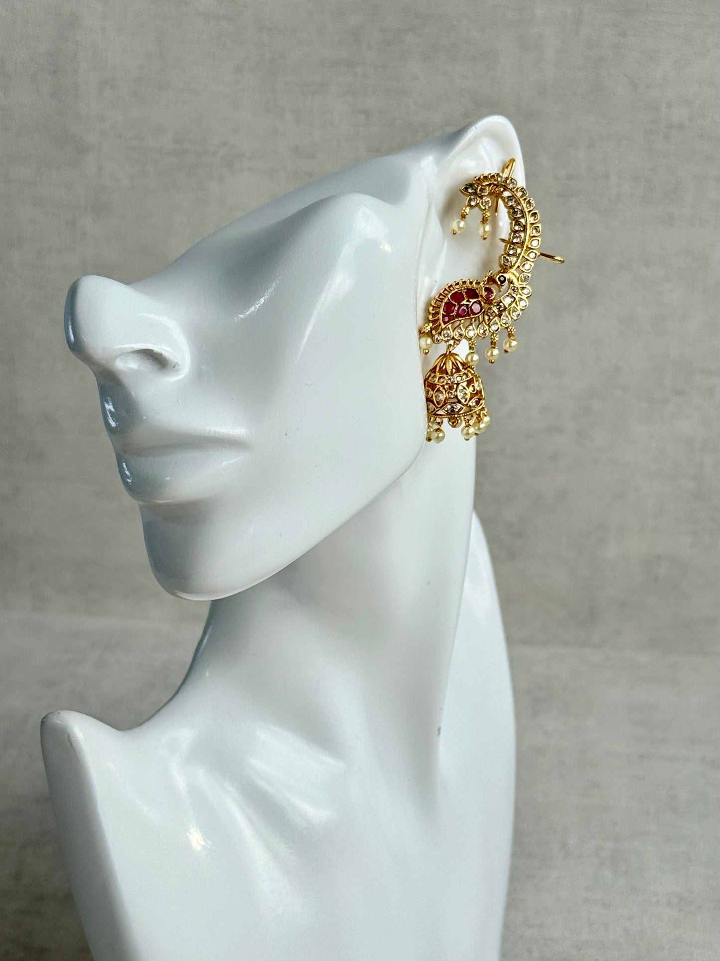 Ayura Designs Padma Earrings – Gold Half Ear Cuffs with Peacock Motif, Pink Stone Accents, Kundan Crystals & Pearl Jhumka Drops