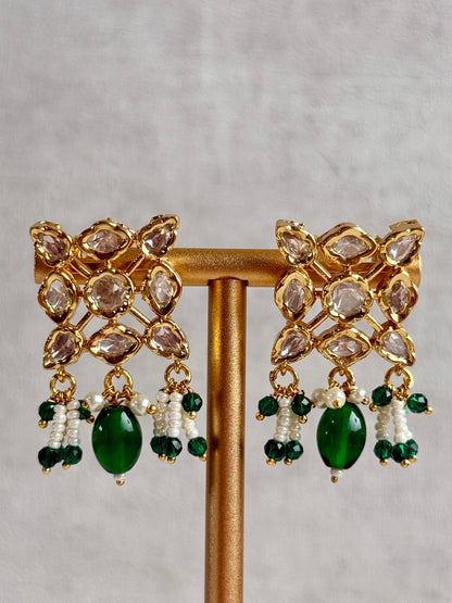 Ayura Designs Navya Choker Set with Earrings – Gold Finish with Moissanite Stones, Lattice Design, Emerald Beads & Pearl Detailing