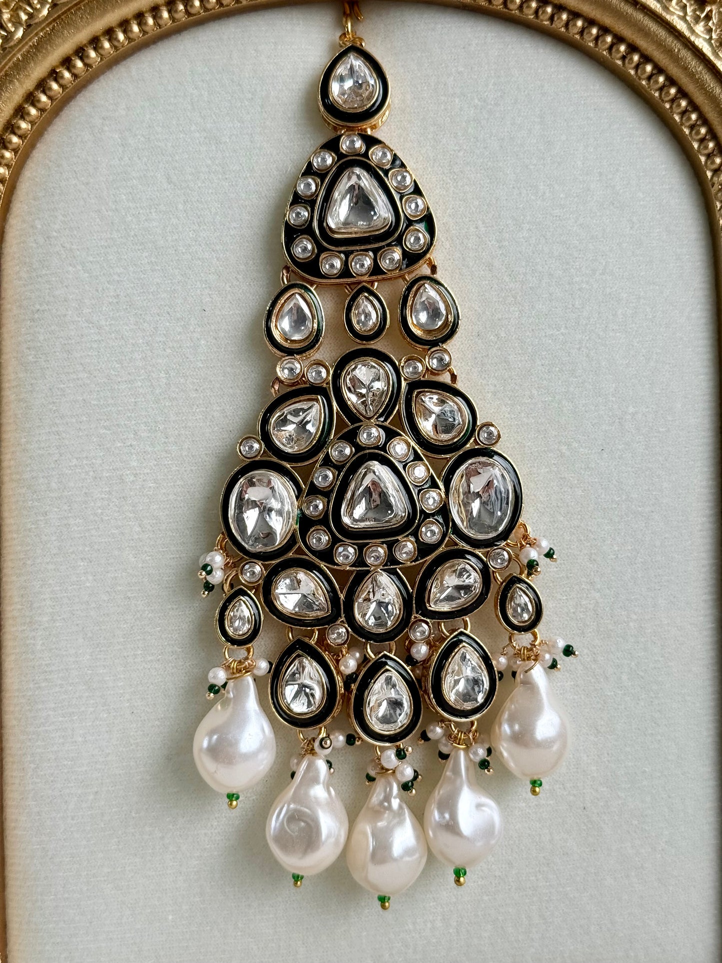 Ayura Designs Salma Jhoomar Passa – Kundan Teardrop Stones with Baroque Pearl Drops & Antique Gold Finish