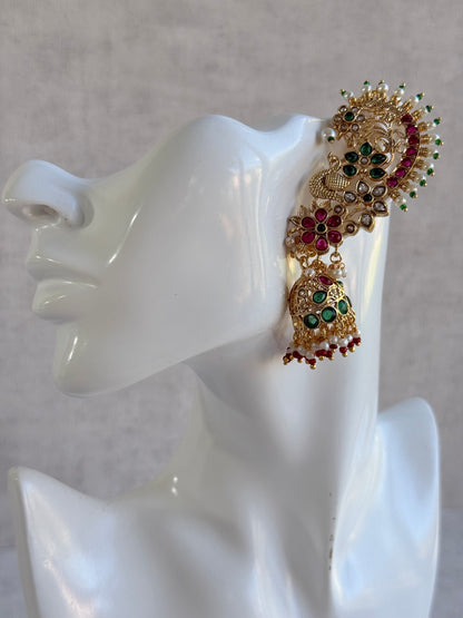 Ayura Designs Nitya Kaanphool Jhumkis – Gold Half Ear Cuff Earrings, Peacock Motifs, Pink & Emerald Green Kundan, Pearl Drops & Sahare