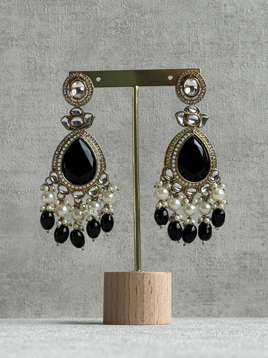 Ayura Designs Nageen Earrings – Antique Gold Jhumkis with Black Stones, Mirror-Cut Accents & Pearl Drops