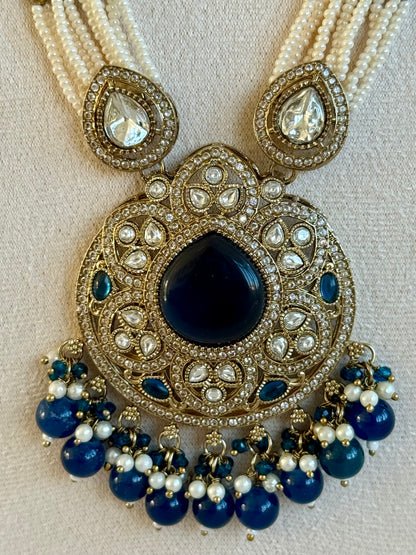 Ayura Designs Brielle Set – Necklace & Jhumkis with Mirror-Cut Stones in Midnight Blue & Ivory