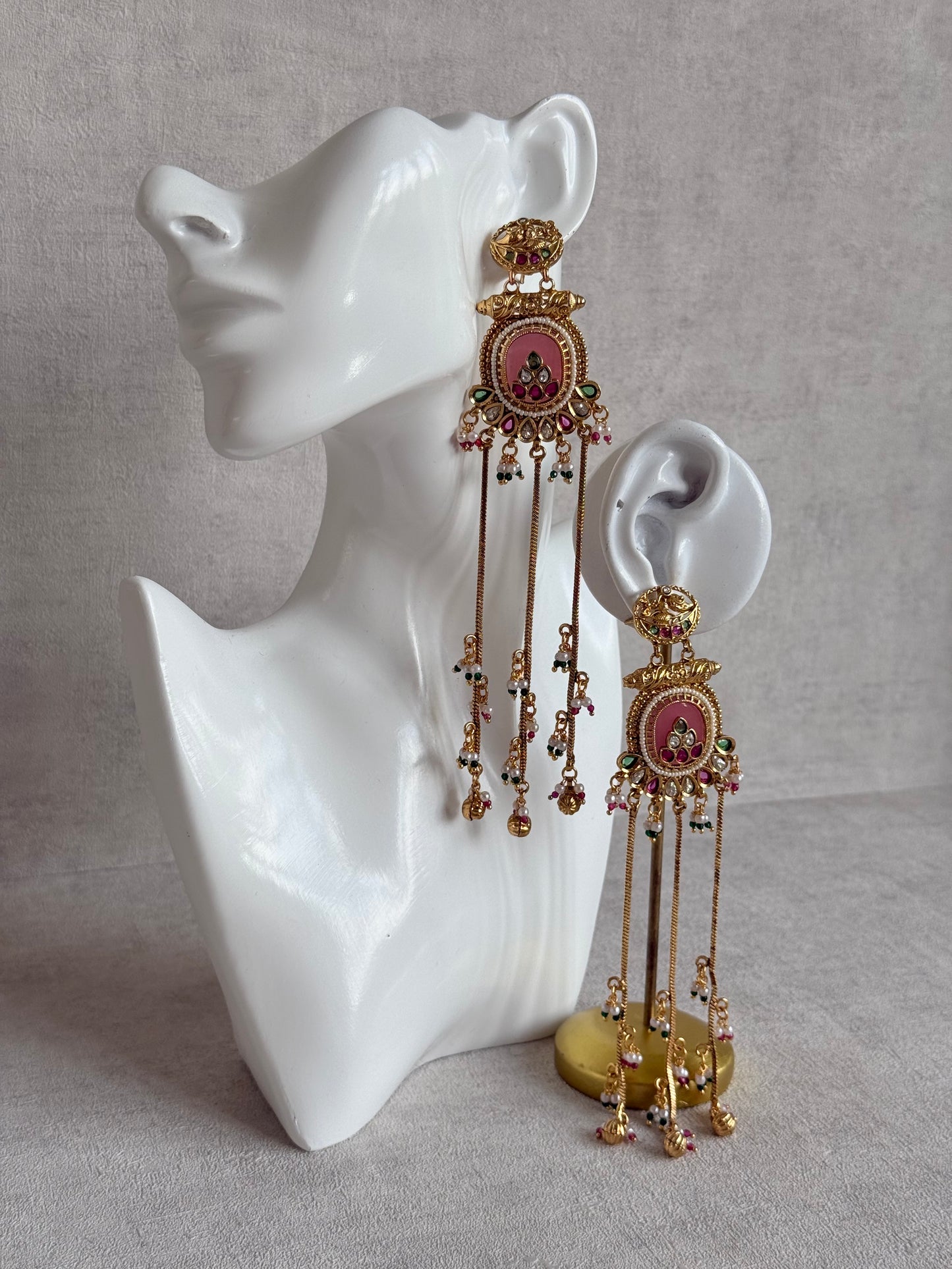 Ayura Designs Kaveri Earrings – Gold Long Chain Drop Earrings with Kundan, Pearls & Ghungroo Detailing – Rose Pink