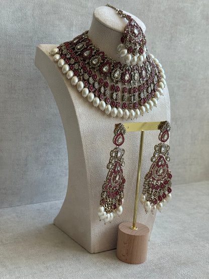Ayura Designs Riwaayat Set with Necklace, Earrings, Tikka & Passa – Fuchsia Stones, Mirror-Cut Detailing & Ivory Pearl Drops