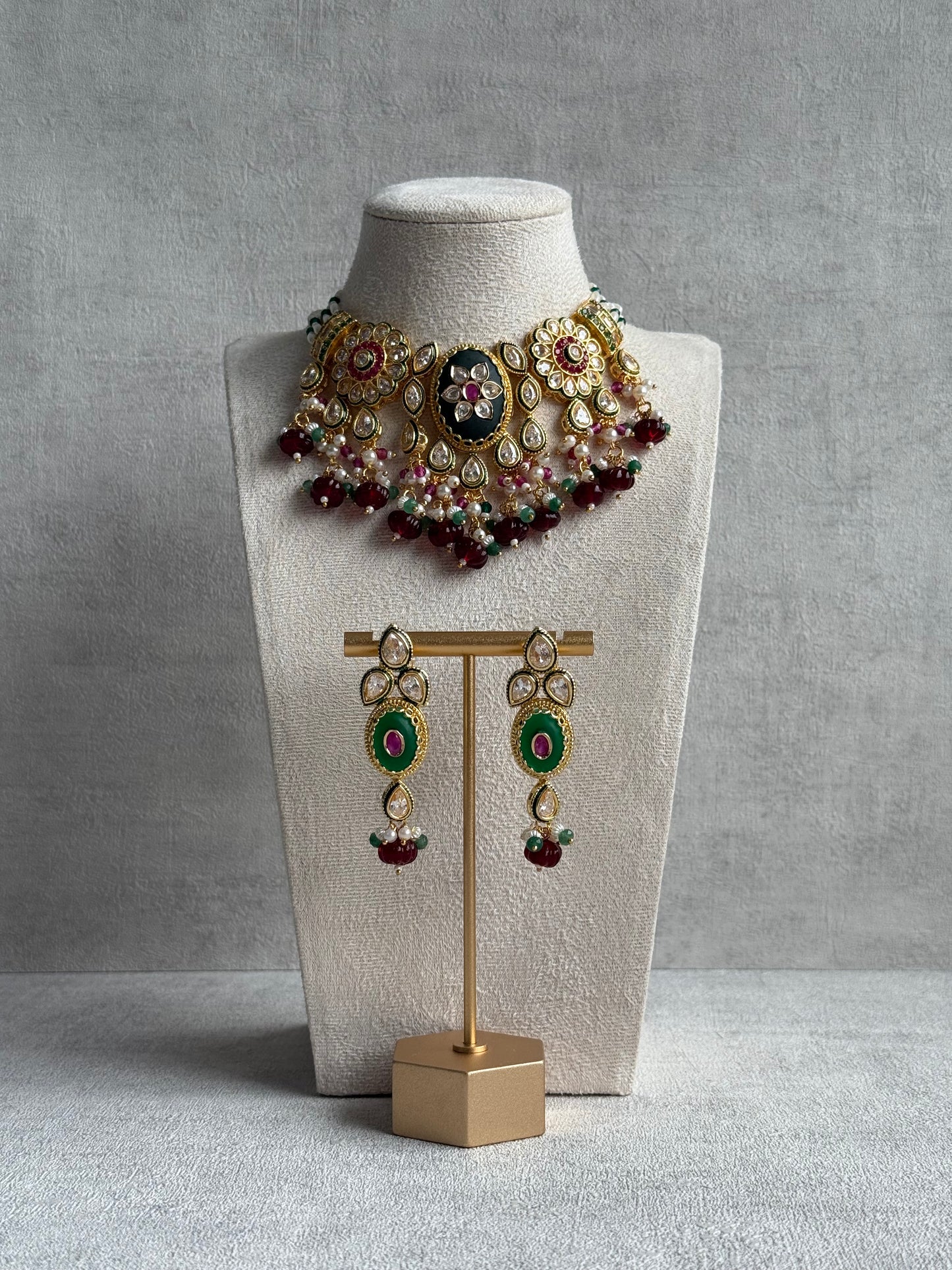 Ayura Designs Kavia Set – Necklace & Earrings with Kundan Stones, Green Enamel, Ruby & Emerald Beads, and Pearl Detailing