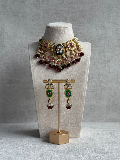 Ayura Designs Kavia Set – Necklace & Earrings with Kundan Stones, Green Enamel, Ruby & Emerald Beads, and Pearl Detailing