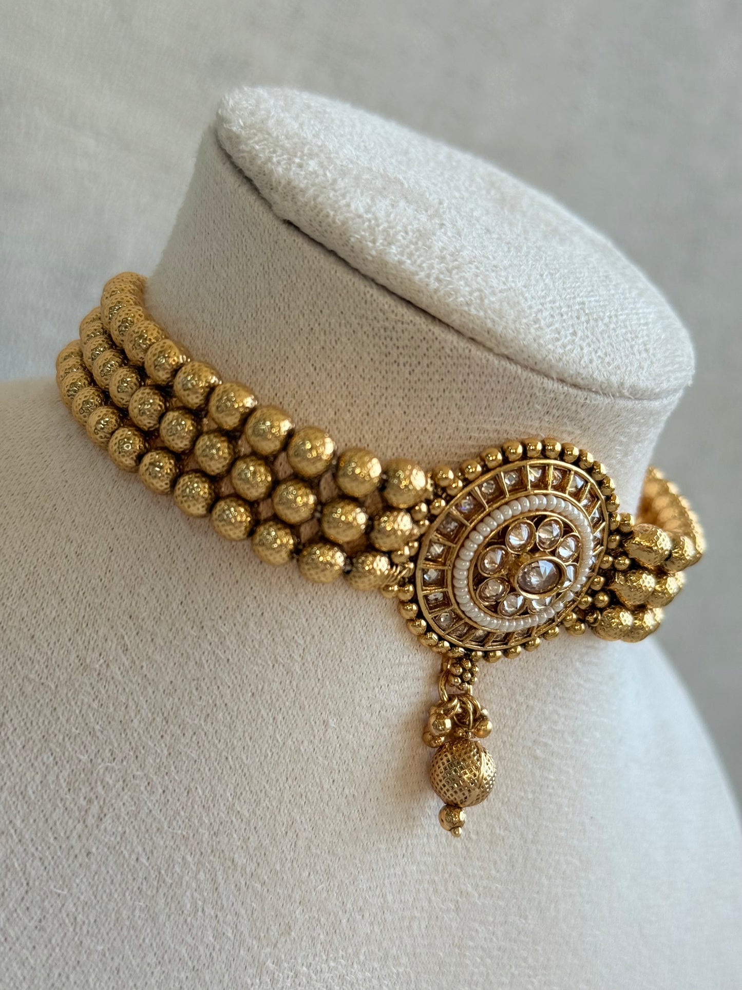 Ayura Designs Kavish Choker Set – Antique Gold Choker with Jhumkis in Champagne Stones & Pearl Detailing