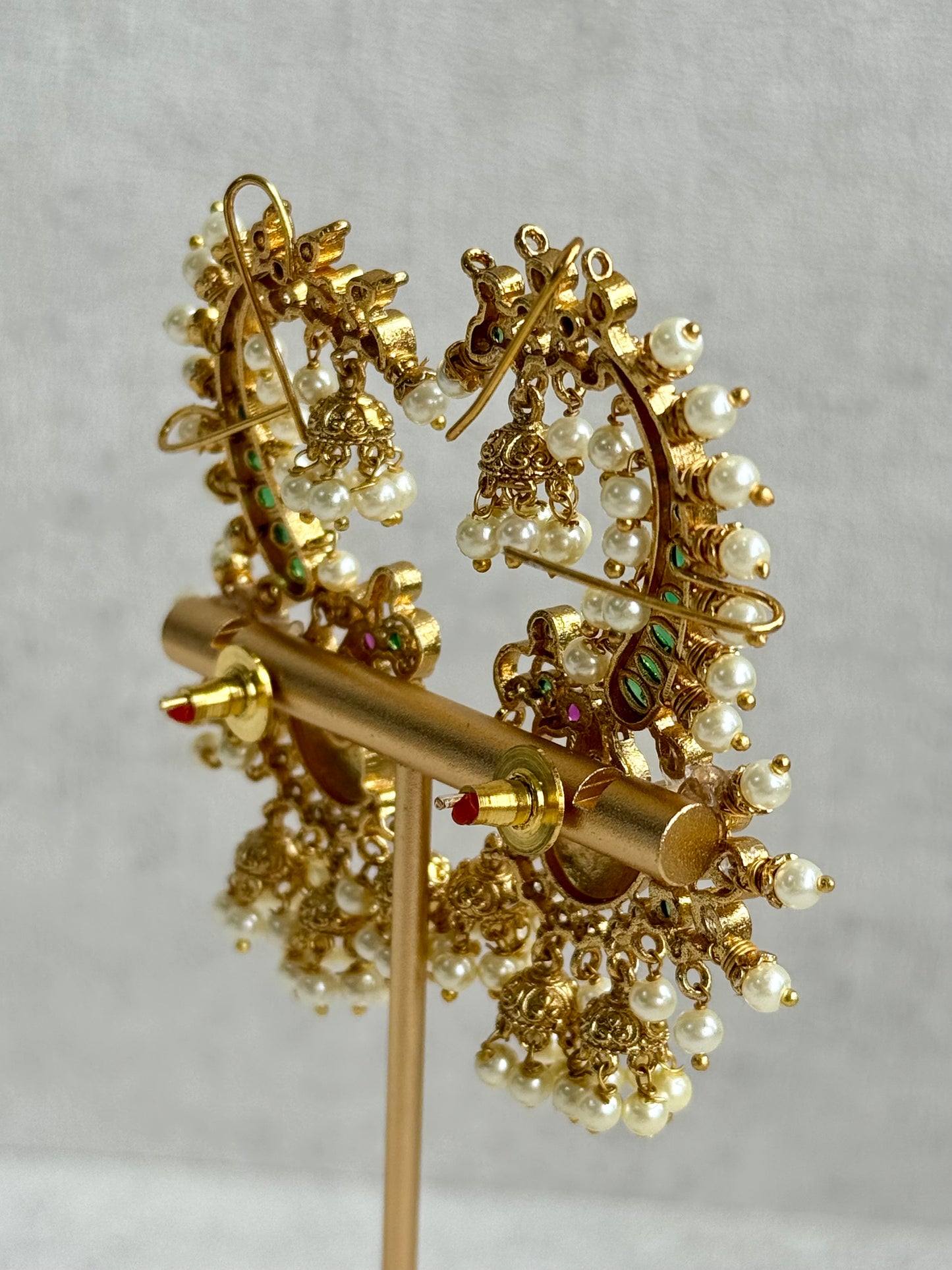 Ayura Designs Megha Half Ear Cuffs – Gold Peacock Motif with Crystal Stones, Emerald & Pink Accents and Pearl Jhumka Drops