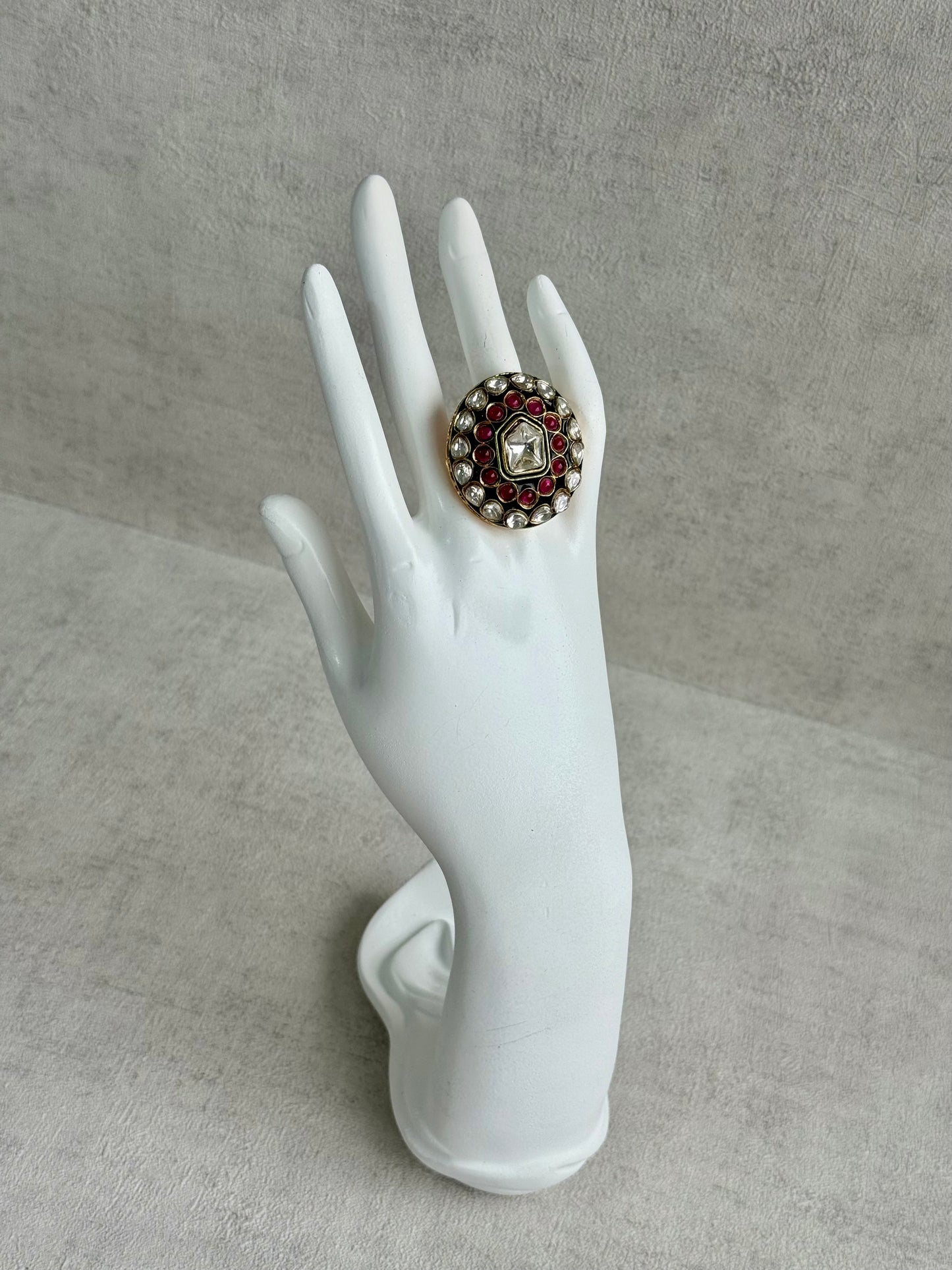 Ayura Designs Lara Adjustable Ring – Mirror-Cut Statement Ring with Ruby Pink Stones & Green Enamel Detailing