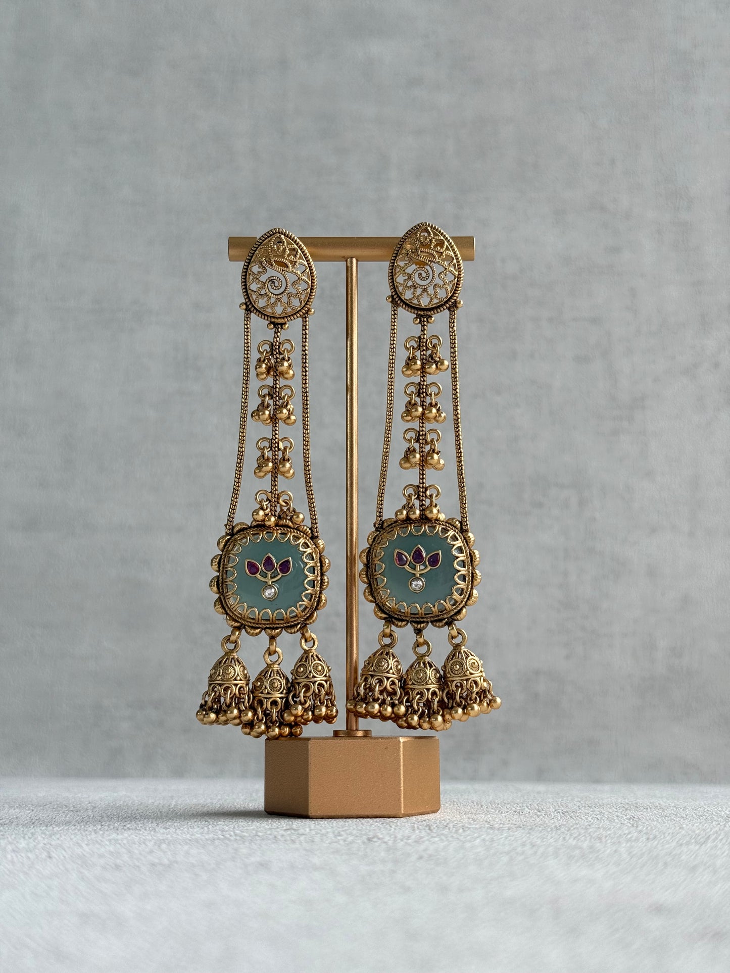 Ayura Designs Ihana Earrings – Mint Green Enamel with Pink Kundan, Ghungroo & Jhumki Detailing