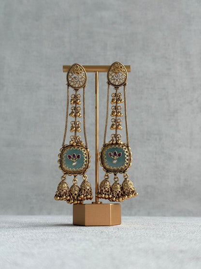 Ayura Designs Ihana Earrings – Mint Green Enamel with Pink Kundan, Ghungroo & Jhumki Detailing