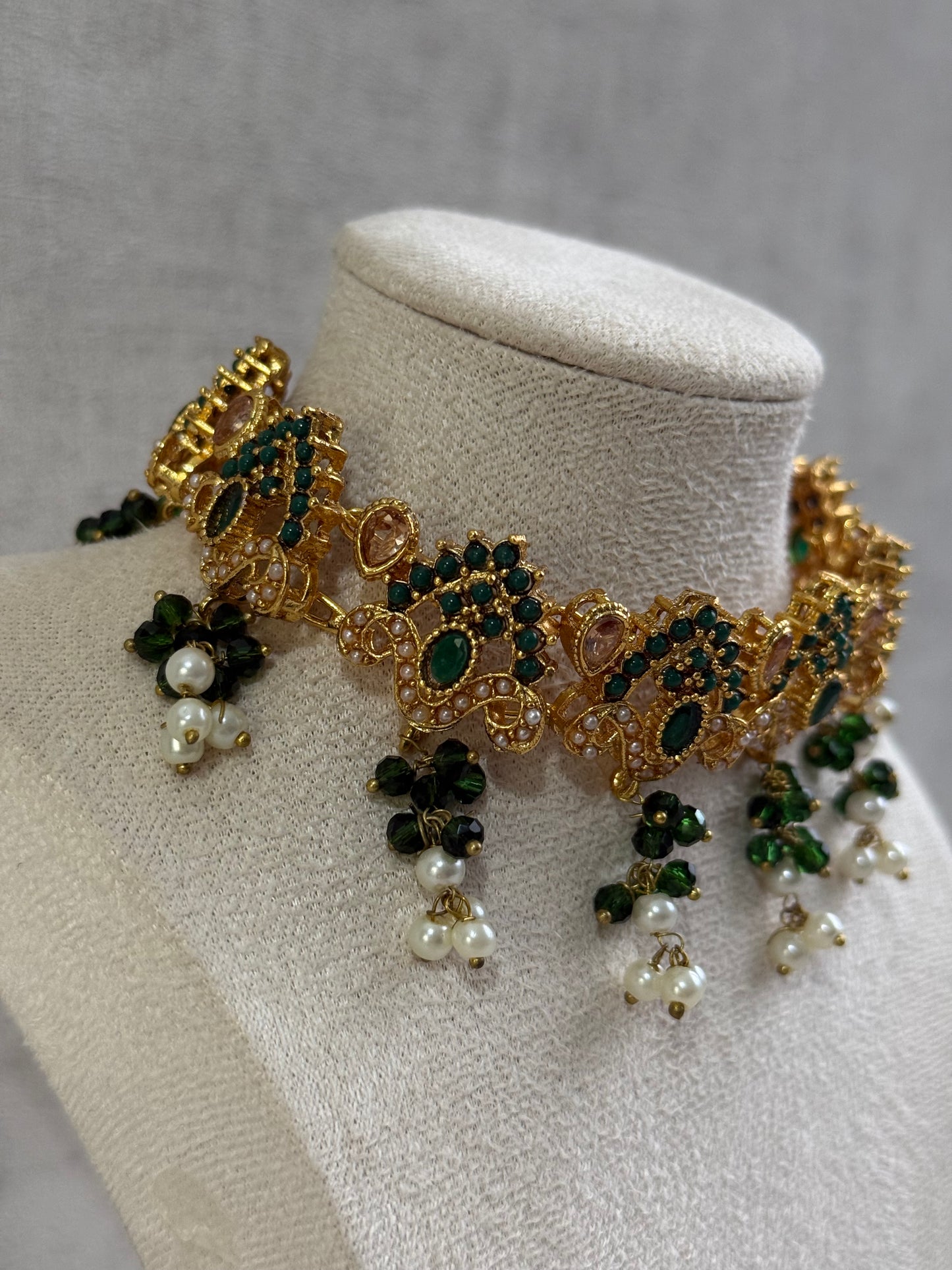 Ayura Designs Noor Set – Choker, Jhumkis with Sahare & Tikka in Emerald Green with Pearl Detailing