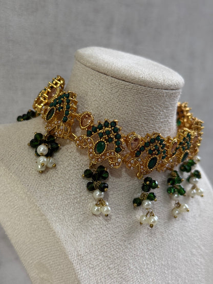 Ayura Designs Noor Set – Choker, Jhumkis with Sahare & Tikka in Emerald Green with Pearl Detailing