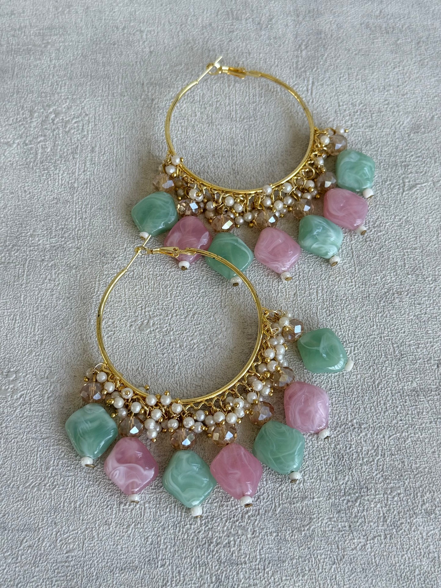 Ayura Designs Heer Balis – Gold Hoops with Mint & Blush Marble Beads, Pearls & Crystal Detailing