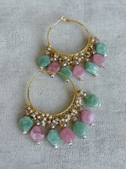 Ayura Designs Heer Balis – Gold Hoops with Mint & Blush Marble Beads, Pearls & Crystal Detailing
