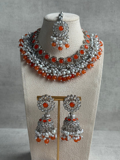 Ayura Designs Barira Set – Necklace, Jhumkis & Tikka with Orange Stones, Pearls & Antique Silver Finish