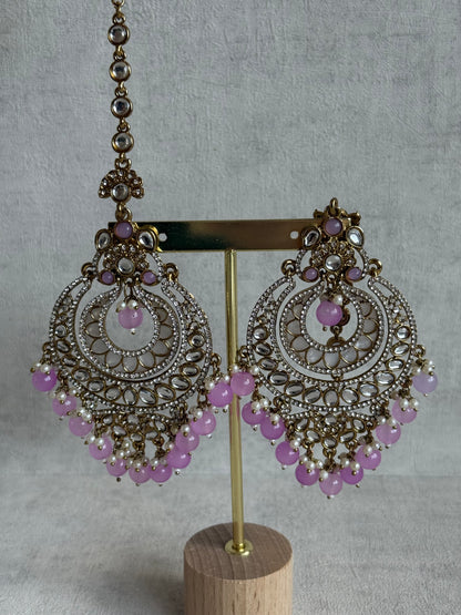 Ayura Designs Rabia Chandbalis – Antique Gold Kundan Earrings with Lilac Beads, Pearls & Attached Sahare