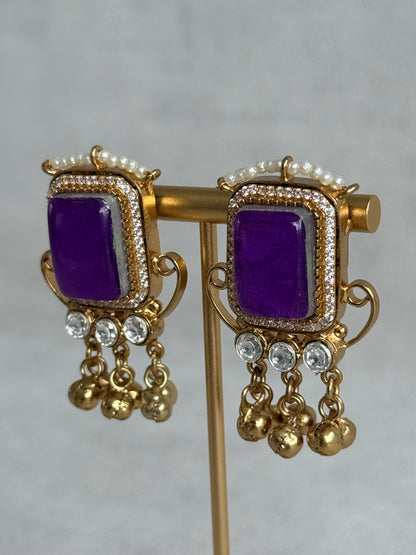 Ayura Designs Aleena Earrings – Royal Purple Stone Stud Earrings with Pearls & Ghungroo Detailing