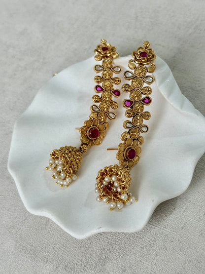 Ayura Designs Keerti Jhumkis – Antique Gold Kannauti Earrings with Ruby Pink Stones, Mirror-Cut Detailing & Pearl Drops