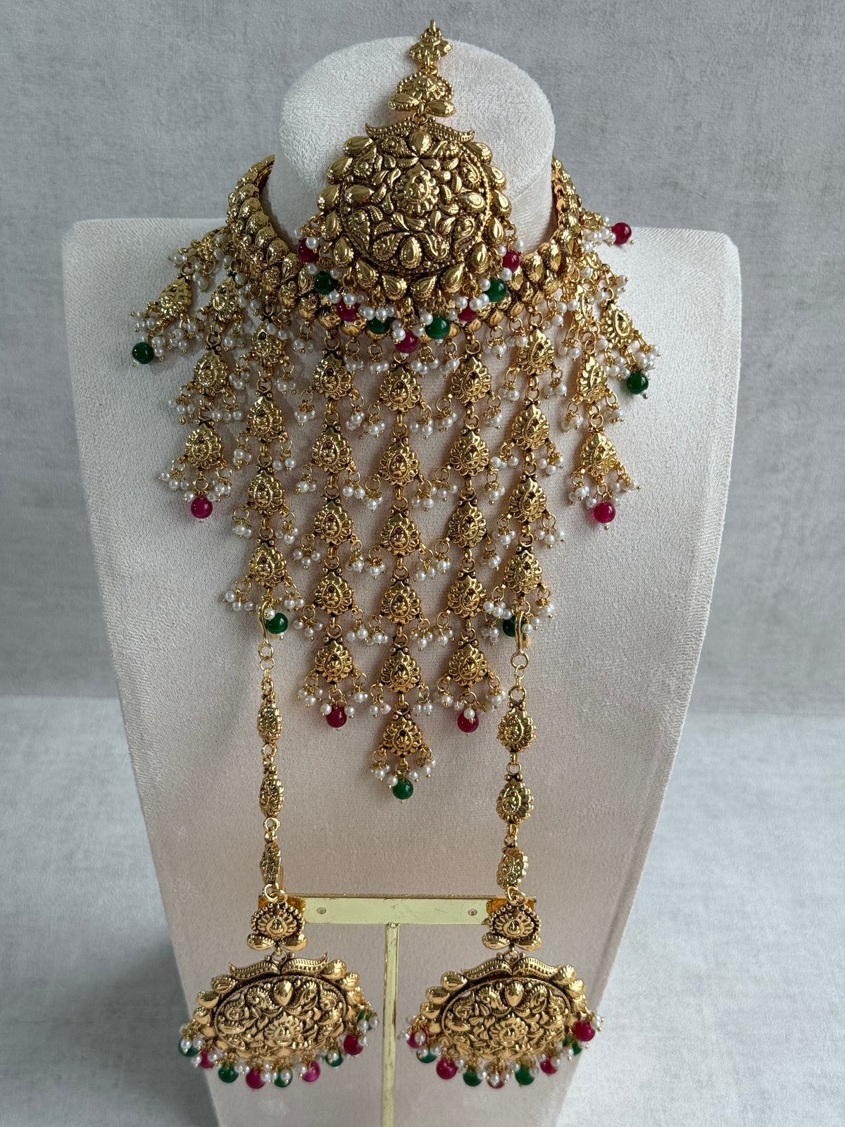 Ayura Designs Karima Choker Set with Sahare Earrings & Tikka – Waterfall Design, Rani Pink & Green Beads, Pearls & Antique Gold Finish