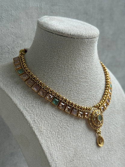 Ayura Designs Nithya Set – Gold Necklace & Earrings with Mint & Blush Stones and Mint Centre
