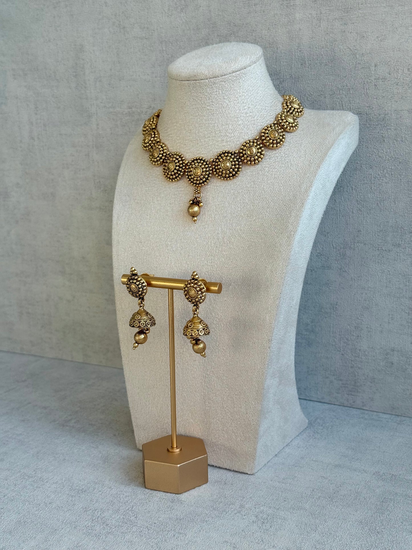Ayura Designs Reet Set with Necklace & Jhumkis – Antique Gold with Textured Floral Motifs & Dome Drops