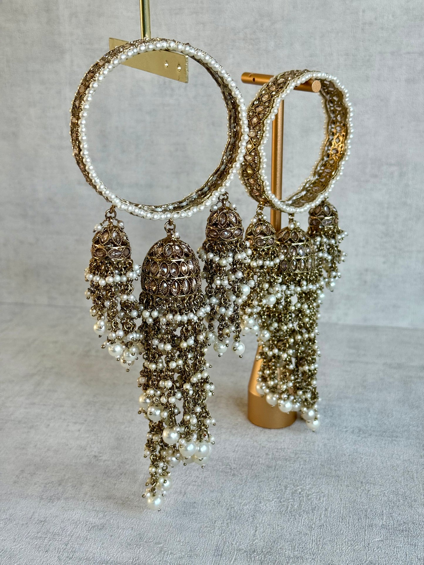Ayura Designs Arsh Kangan – Pearl Studded Statement Bangles with Jhumki Tassels