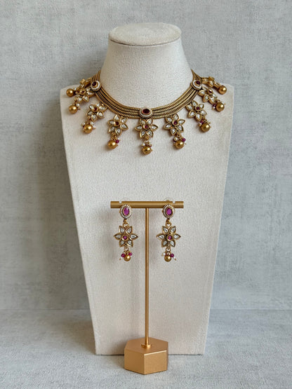 Ayura Designs Daksha Necklace Set with Earrings – Gold Layered Chain Necklace with Ruby Pink Kundan Floral Motifs