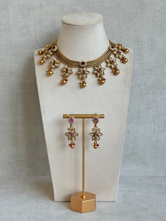Ayura Designs Daksha Necklace Set with Earrings – Gold Layered Chain Necklace with Ruby Pink Kundan Floral Motifs