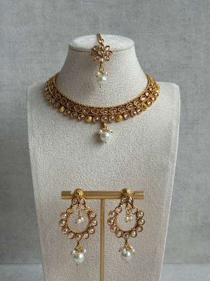 Ayura Designs Rashi Set with Earrings & Tikka – Mirror-Cut Stones with Ivory Pearl Drops in Antique Gold